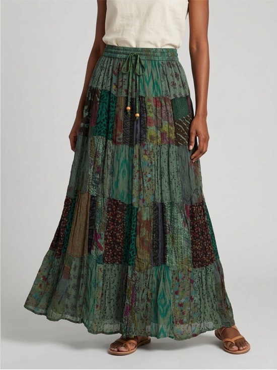Young Threads Dresses & Skirts - New: Young Threads “Basil” Mixed Patchwork Tiered Flowing Maxi Skirt• Medium